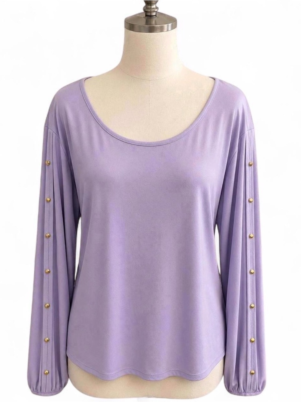 Roz & Ali Lavender Scoop Neck Pearl-Button Sleeve Top